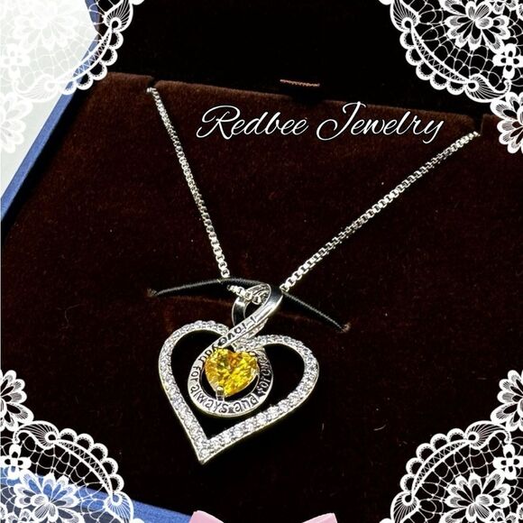 NIB, Redbee Brand 18kt GP/WG, 925 heart and yellow cz necklace! - Picture 1 of 16